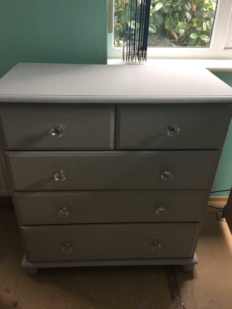 Ronseal chalk paint grey chest of drawers with crystal knobs in