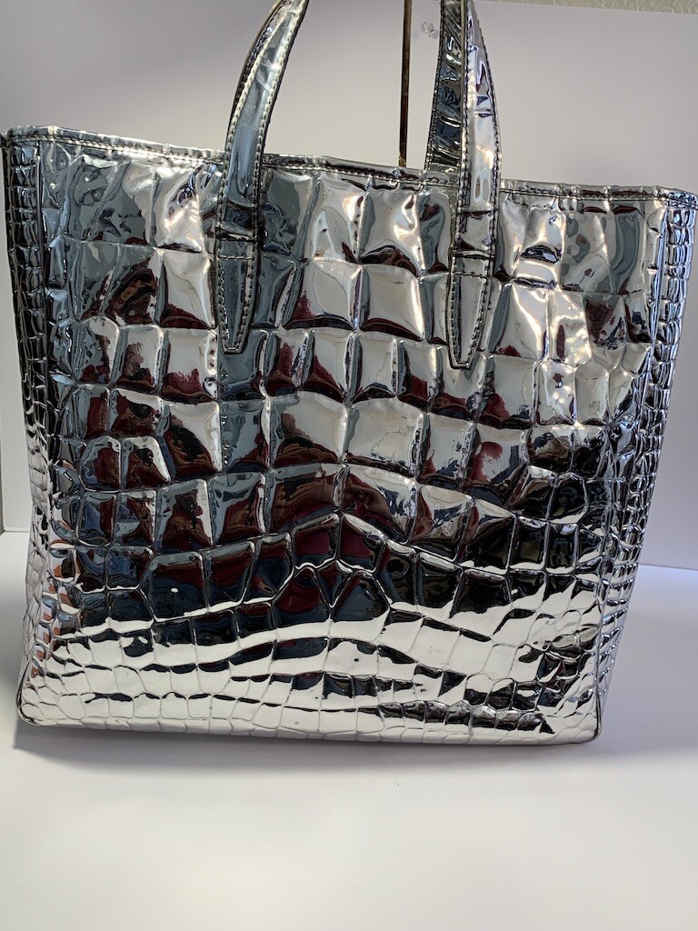 YSL YVES SAINT LAURENT Silver Crocodile Embossed Patent