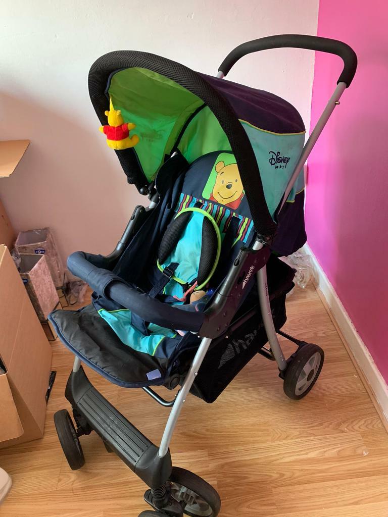 Hauck winnie the pooh stroller, car seat and cosy toes AND pram rain cover included in
