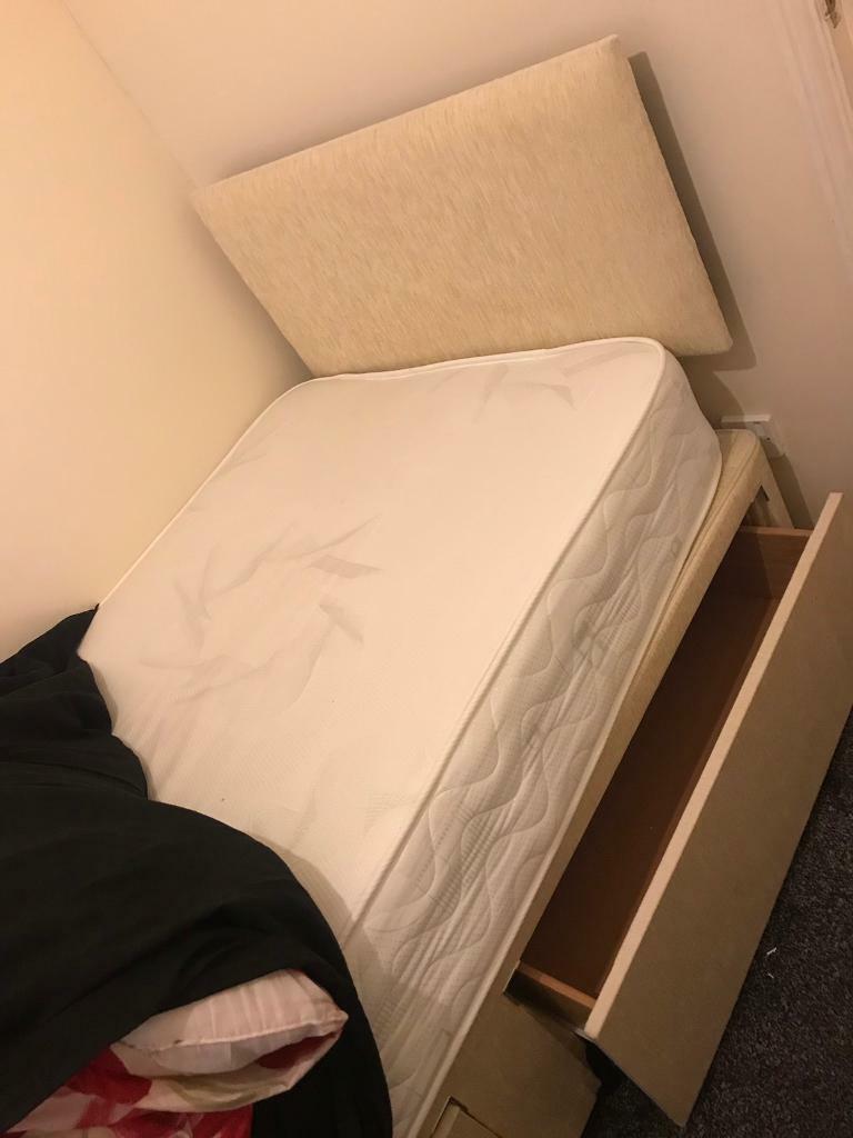 Single Divan Bed with Double Drawers + Mattress + Headboard in Low