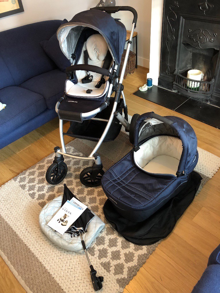 UPPABABY VISTA £175 Navy Blue Pushchair and Carrycot + Infant Insert + MaxiCosi Car Seat