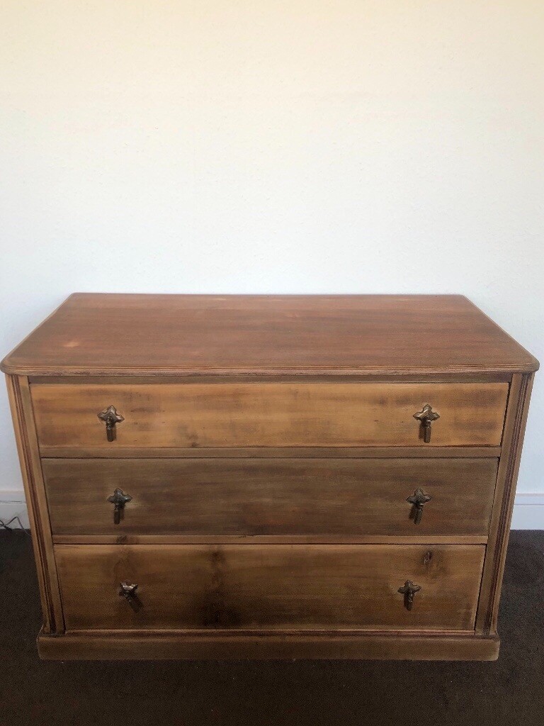 Stripped Wood Chest of Three Drawers, Drop Brass Handles ...