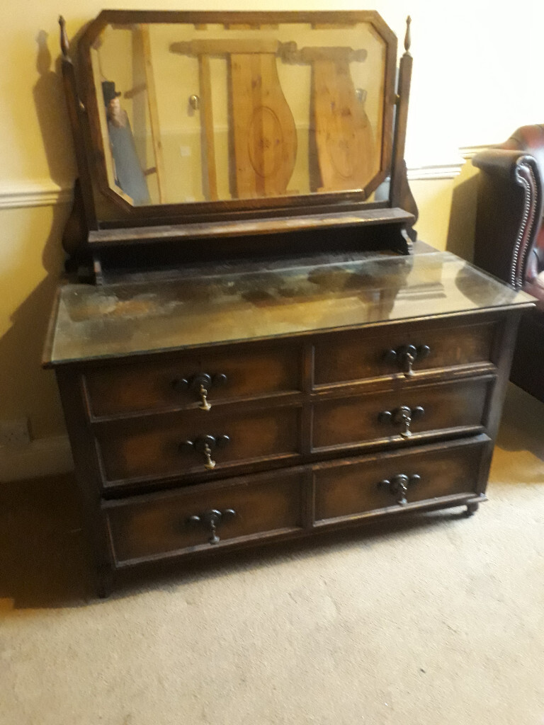 Old Solid Dark Wood 4 Drawer Dresser With Mirror Attached In