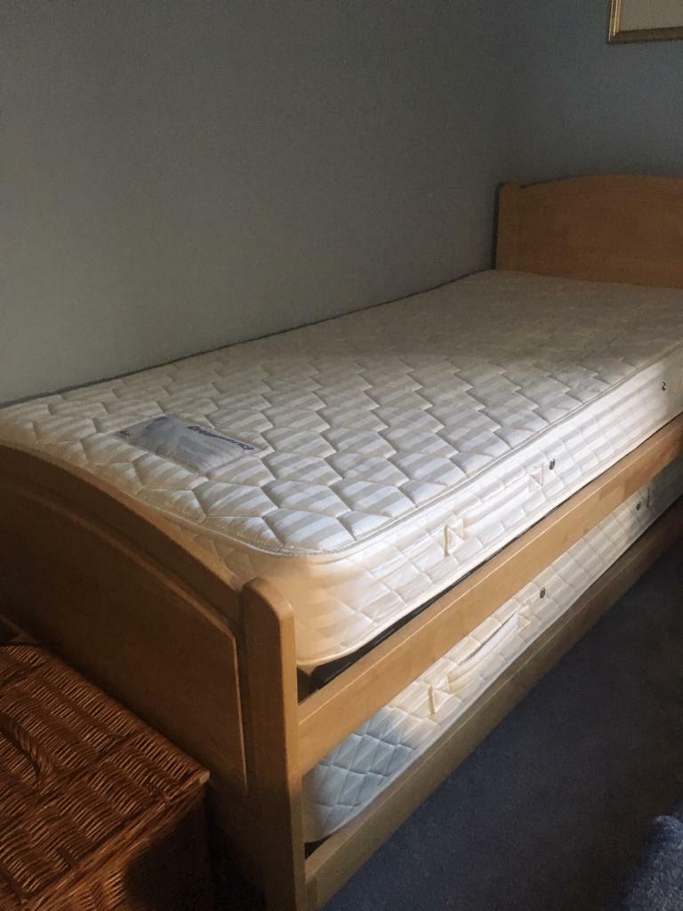Single trundle bed (oak) with two mattresses for sale in Leith