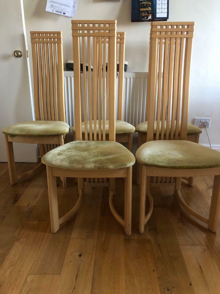 Five pine dining chairs Charles Rennie Mackintosh style in Jordanhill