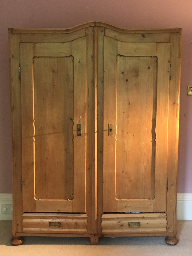 Rustic stripped pine antique wardrobe with full length mirror in