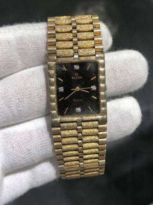 ELGIN GOLD QUARTZ 18金 Elgin Rectangular Face Dressy Design Stainless Steel Quartz