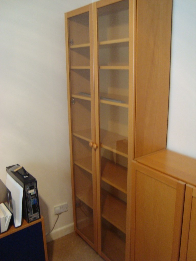 Ikea Tall Billy Bookcase in Beech Finish with Glass Doors. in