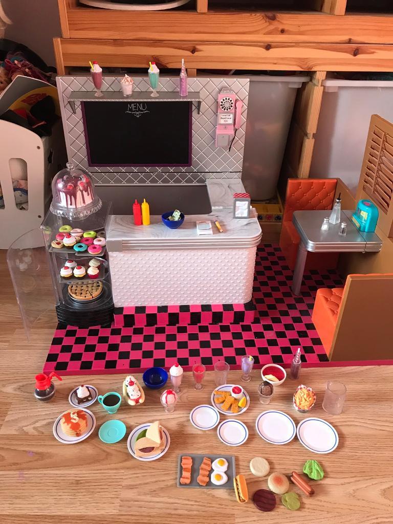 Our generation doll retro diner bar kitchen with neon light, music and