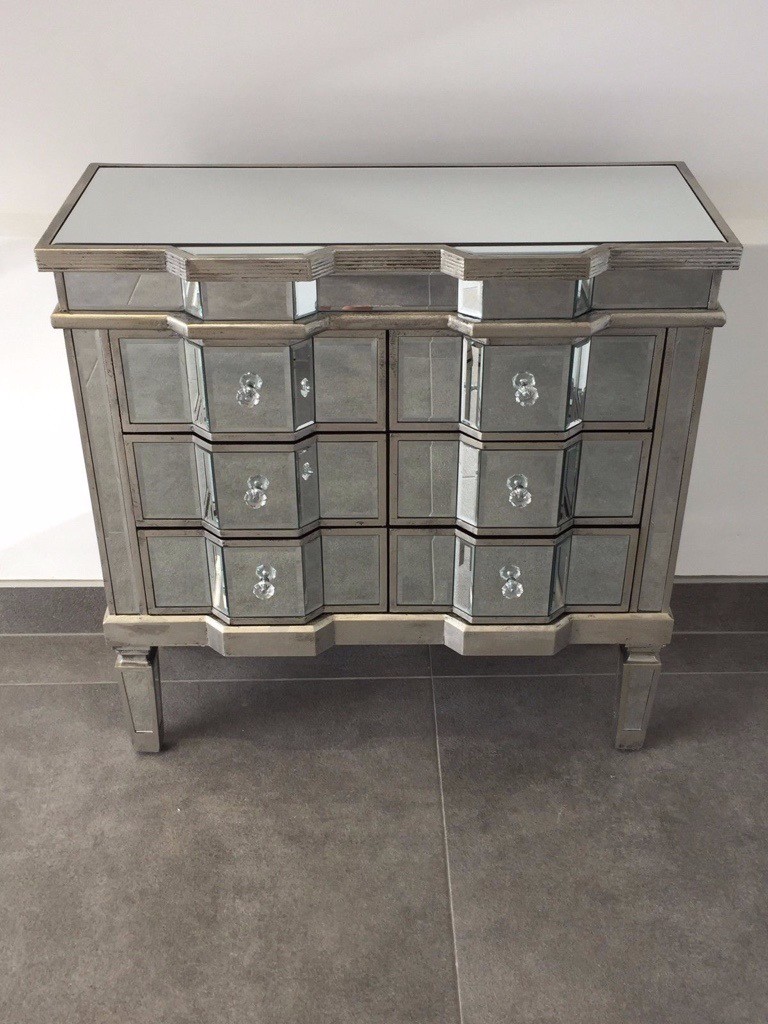 Large Silver Mirrored Chest Of Drawers Bedroom Furniture 6 Drawer