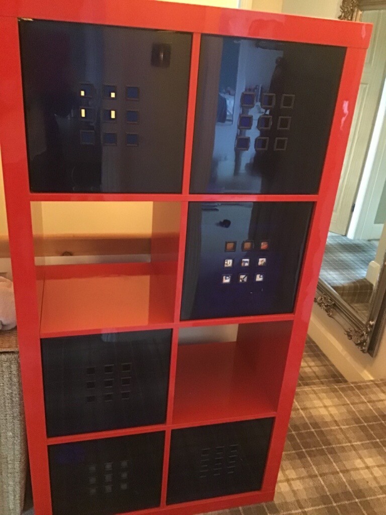 Ikea red high gloss Kallax 8 cube shelving unit with 6 boxes in York