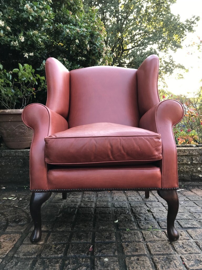 Laura Ashley Denbigh Tan Leather Wingback Armchair Vintage