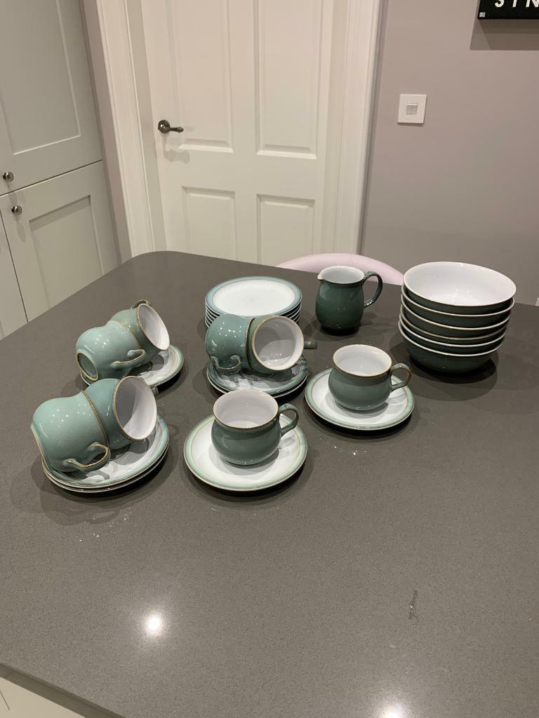 Regency Green Denby cups, saucers, side plates, bowls and milk jug SOLD