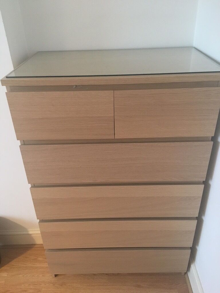 Ikea Malm Chest of 6 Drawers with Glass Top