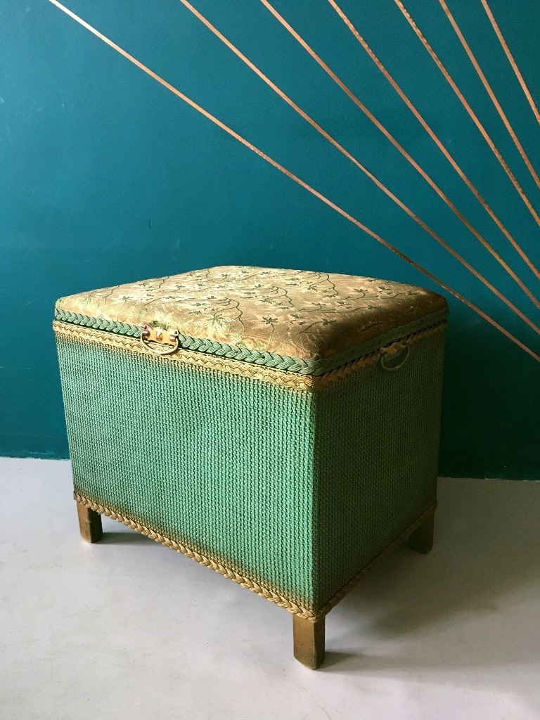 Cute Small Vintage Green Ottoman Storage Blanket Box Lloyd Loom Style