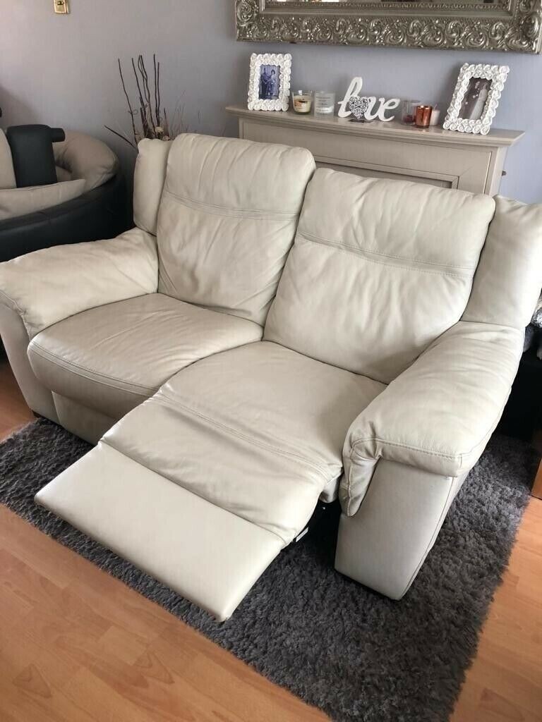 Real, Genuine Ivory white leather 2 x 2 seater sofas with recliner