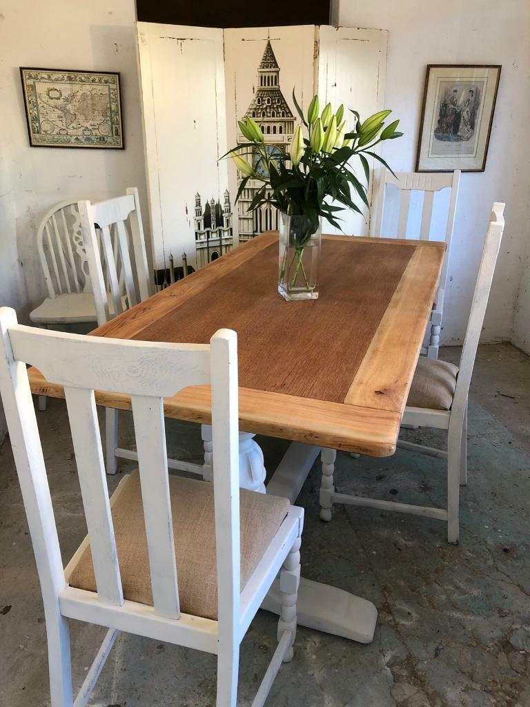 Antique Oak Refurbished Refectory Kitchen Dining Table And Chairs