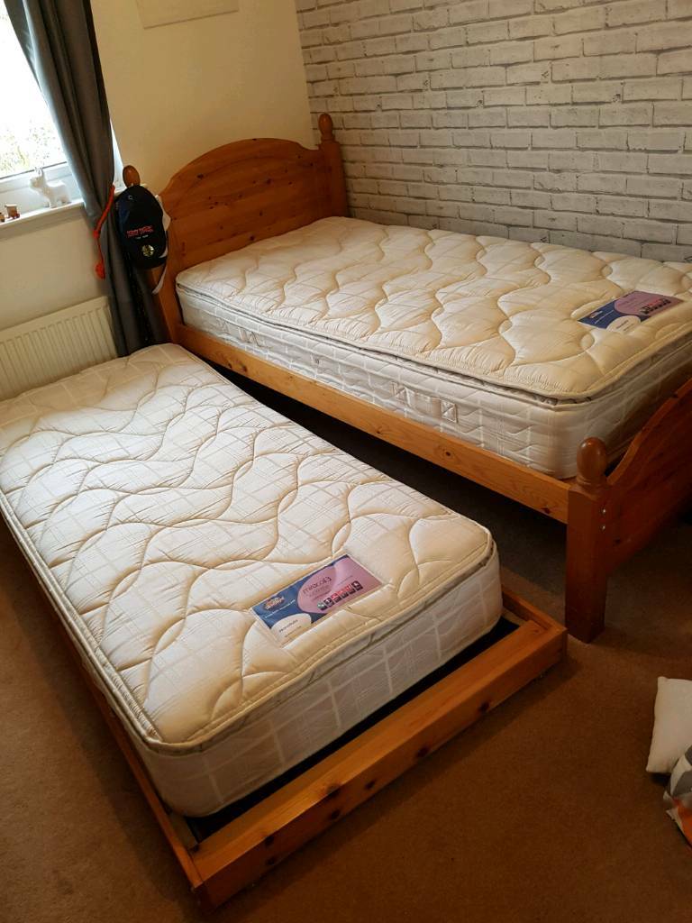 Wooden Single Bed with Trundle Wooden Single Guest Bed Underneath Mat
