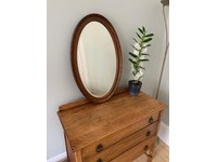 Antique heavy oval wooden mirror with chain