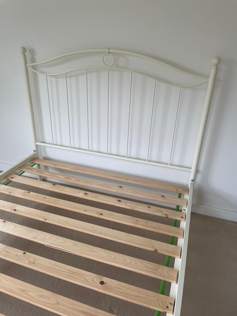 Cream metal double bed frame with slatted base. in Loughor, Swansea