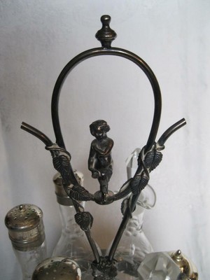 Antique Mid 1870's Caster Set Condiment/Cruet Holder Etched Flowers & Cherub Top