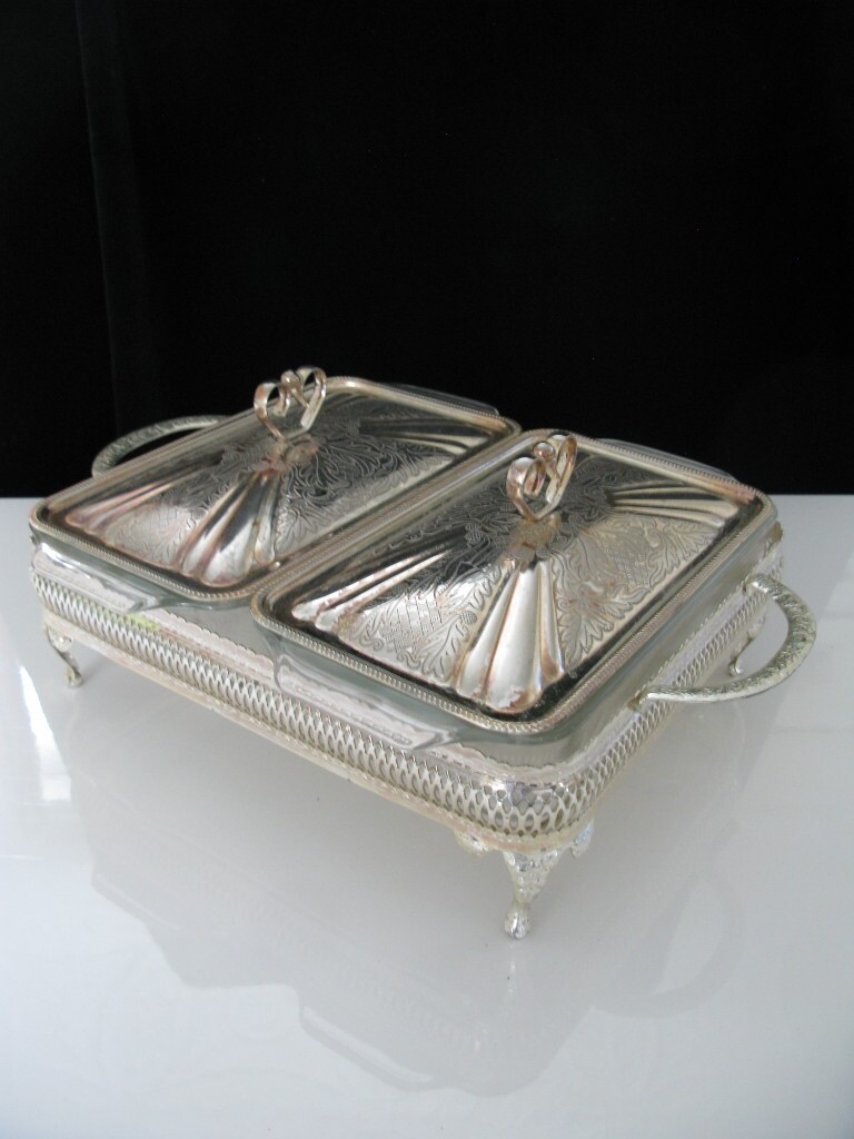 Pair of Oven Proof Glass Serving Dishes with Silver Plate Lids and