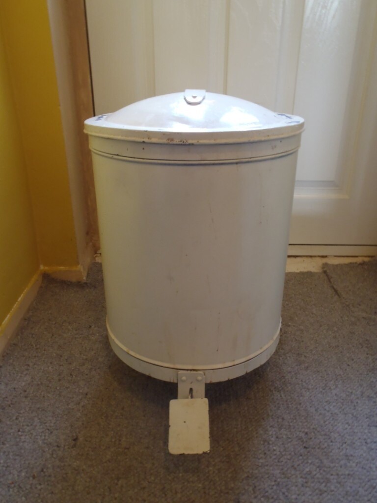 Antique Enamelled Metal Pedal Rubbish Bin from Polish Military Hospital