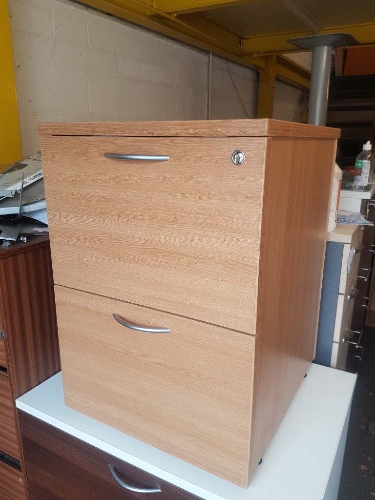 Lockable Office 2 Drawer Filing Cabinet In A Thin Grain Oak Effect Wood