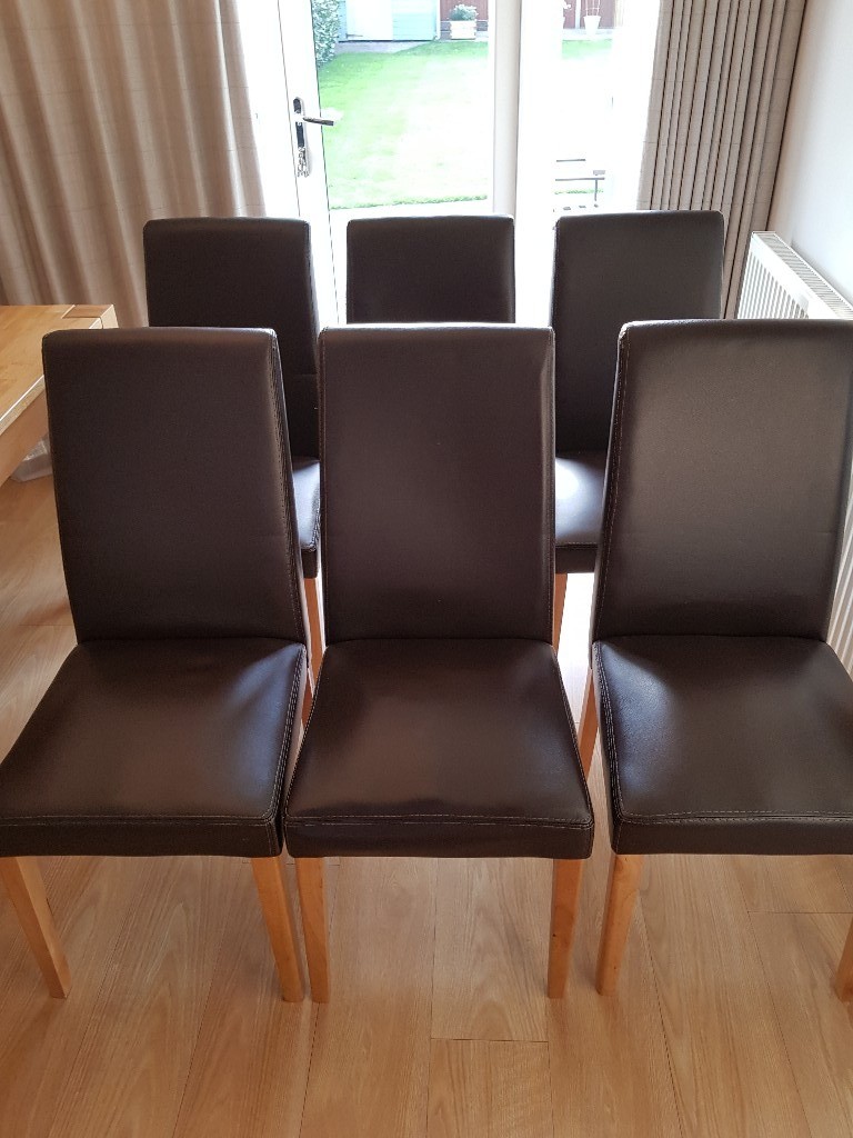 6 x Dining Room chairs brown faux leather + solid wood legs great