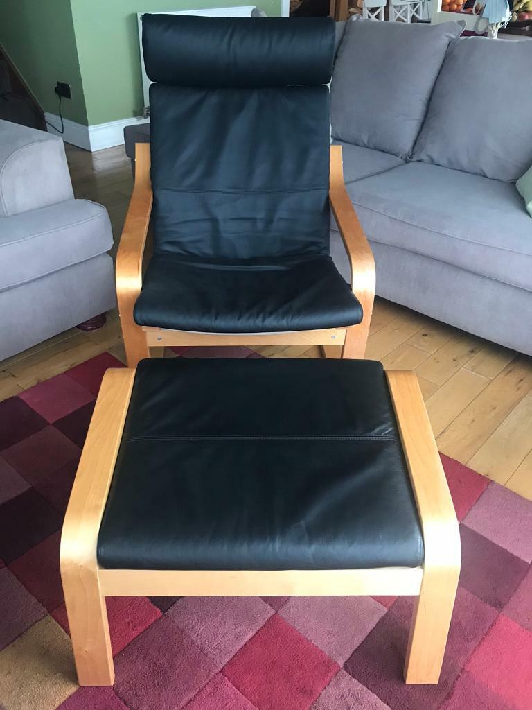 Ikea Black Leather Poang Chair and footstool in Glasgow