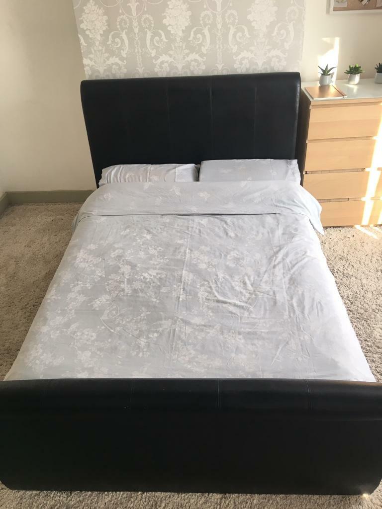 Genuine Leather Sleigh Bed Frame Black Double In Enfield