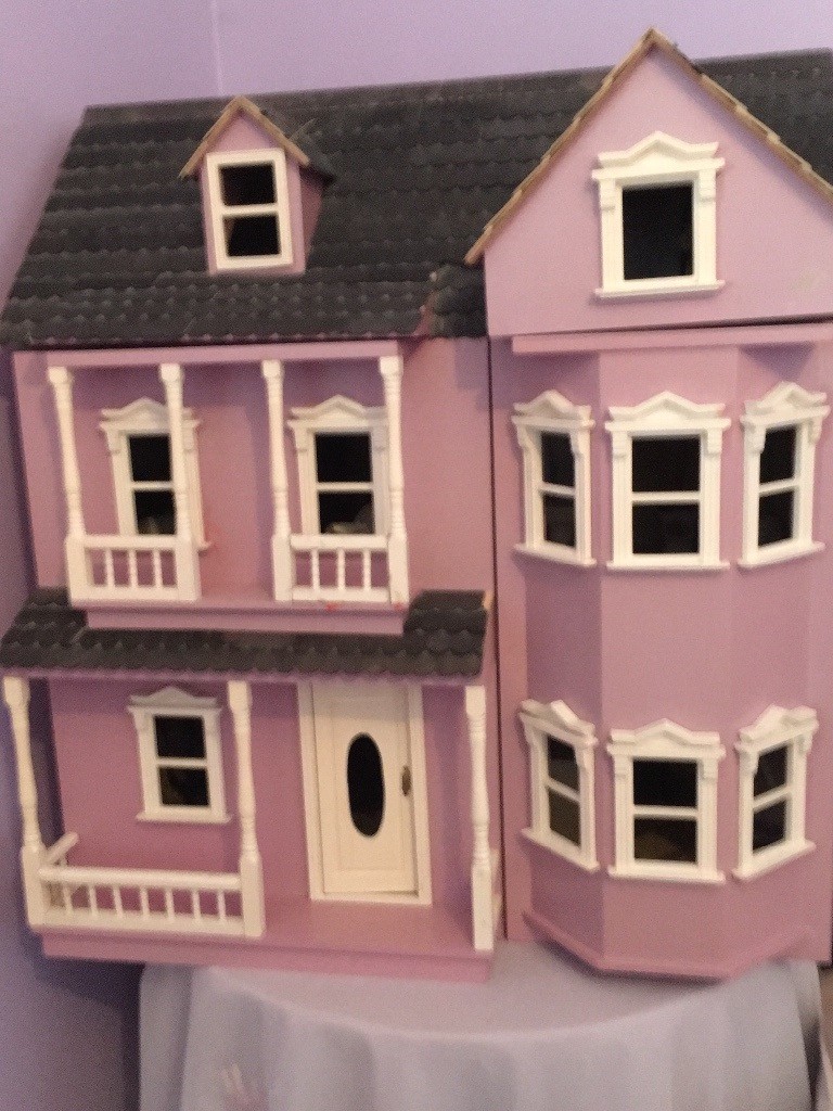 Vintage Pink Dolls House with furniture included in living, kitchen