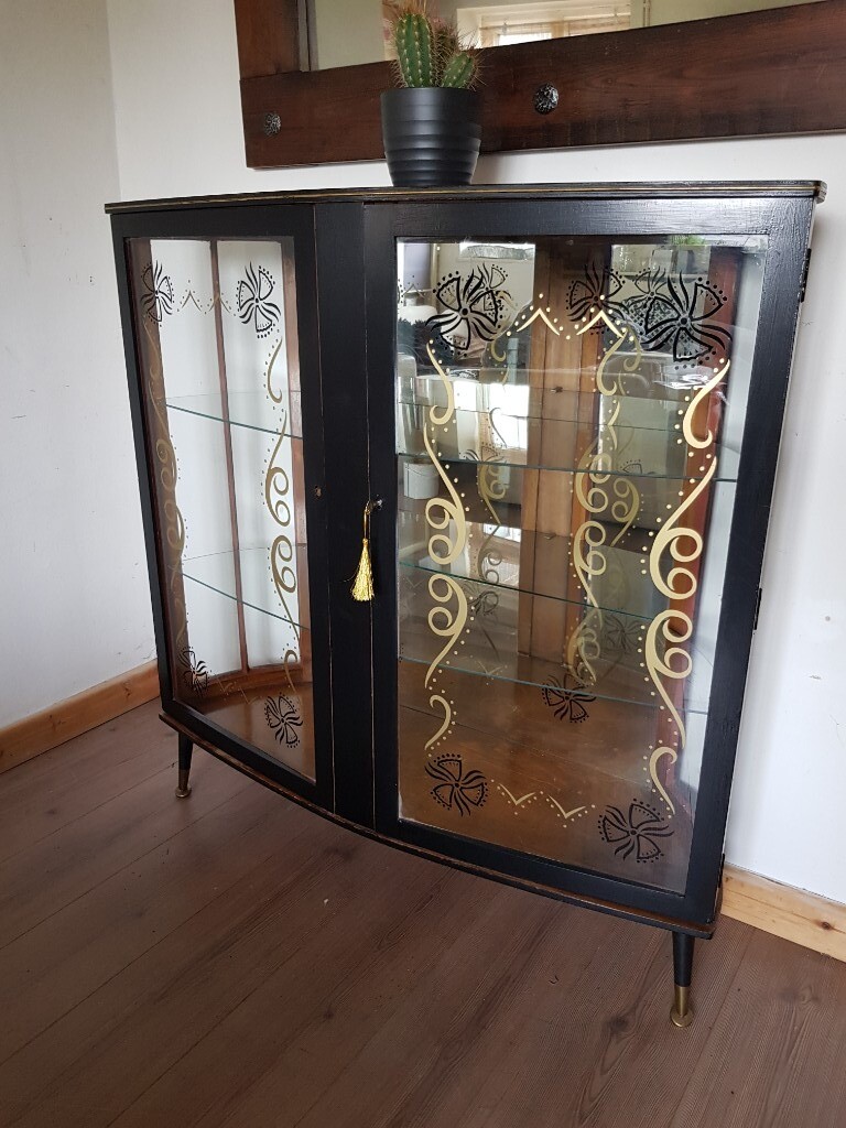 Vintage Slimline Glass Cocktail Drinks Display Cabinet Black