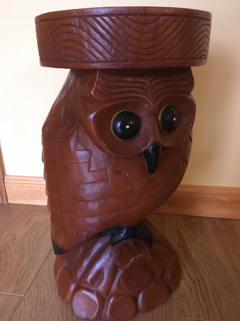 Hand Carved Solid Wood Owl Side Round Coffee Table (Surin Owl Table