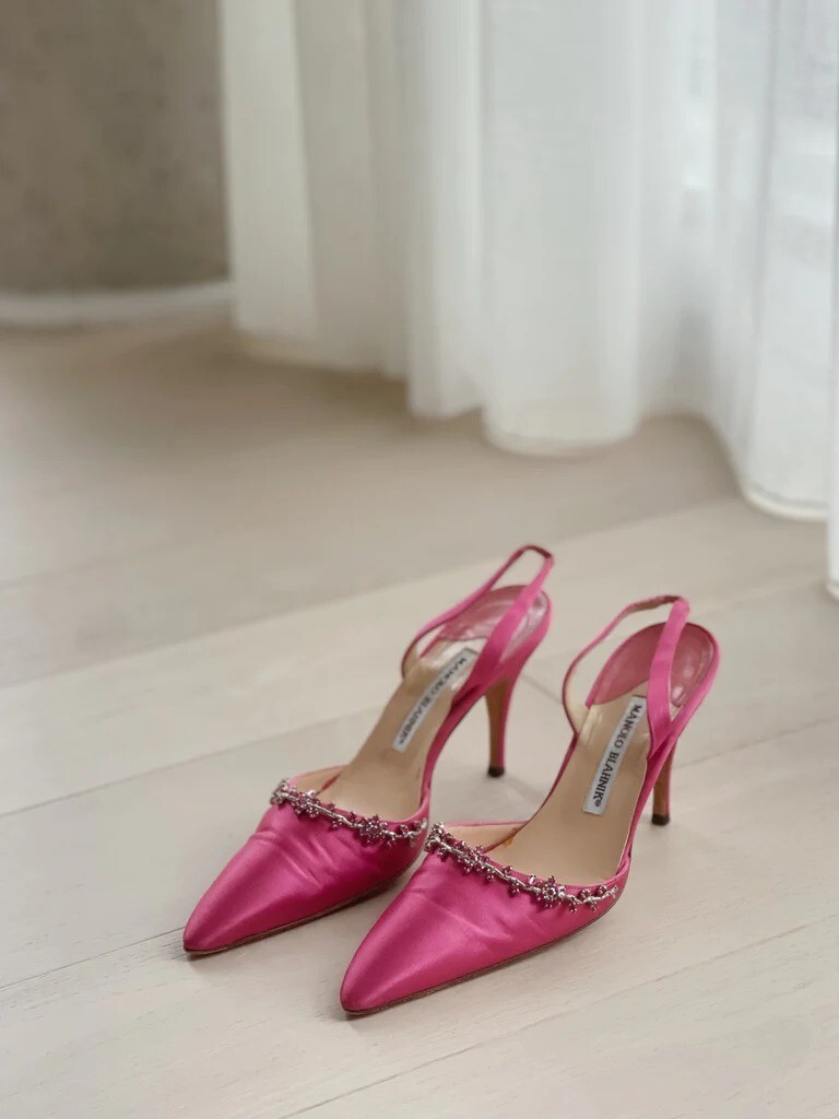 MANOLO BLAHNIK Vintage Embellished Satin Slingback Pumps