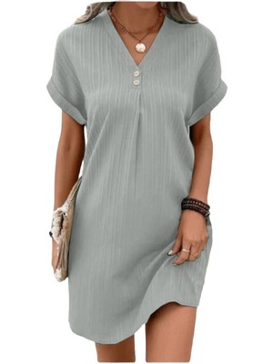 Stylish Solid Colour Button Dress for Women with Wide Waist, Short Sleeves - Gre