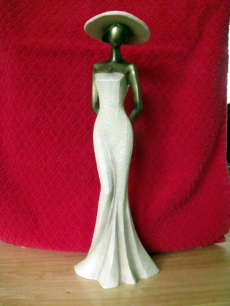 Bronze effect tall lady in cream dress & hat ornament figurine 30cm