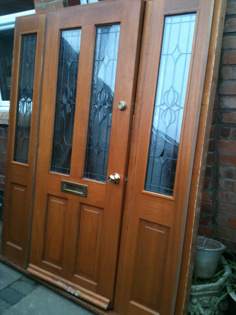 Exterior hardwood door with 2 side panels , frame and