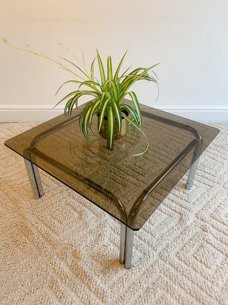 Retro vintage 70s 80s smoked glass & chrome square coffee table in