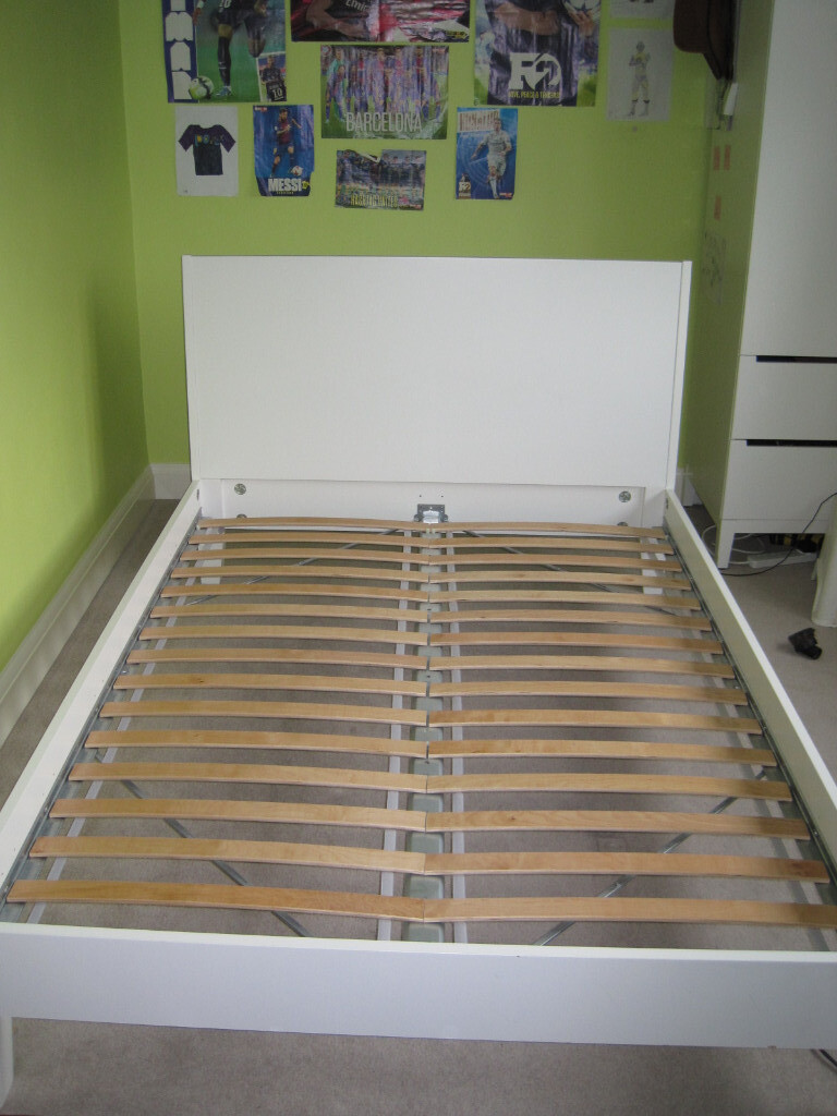 IKEA Nordli White Double Bed Frame with Headboard and sprung slats in