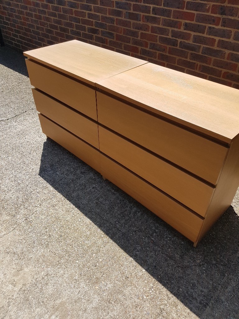 Ikea Malm 3 drawer chest unit and 2 drawer bedside unit in oak finish