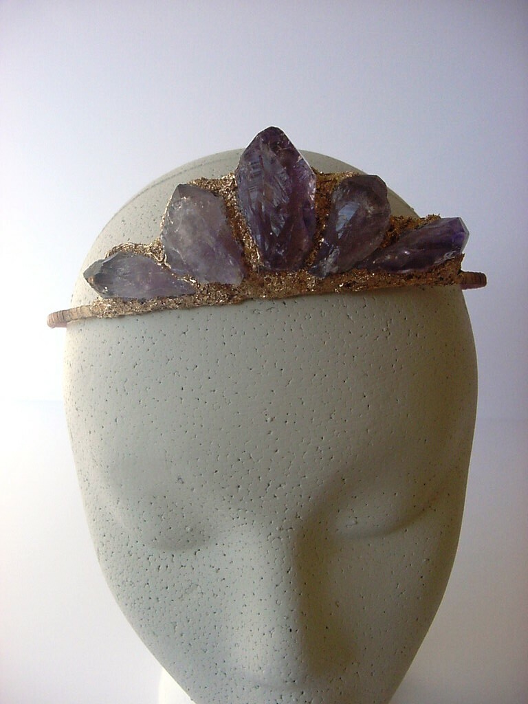 Raw Amethyst Crystal Fairy Boho Crown Tiara Gold Leaf Lotus