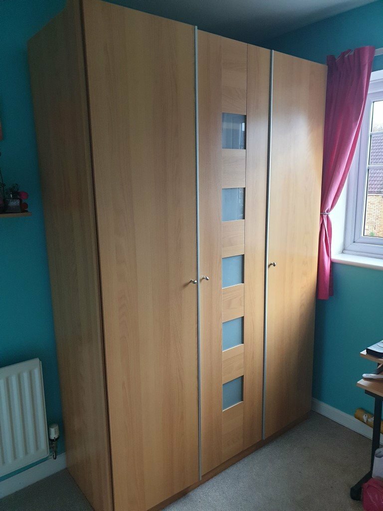 Beech effect 3 door wardrobe and 5 drawer chest of drawers in