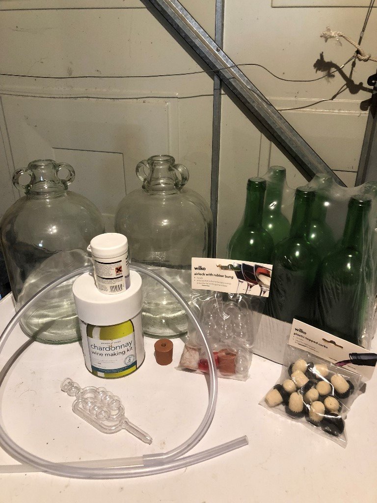 Wine making set including Demijohns, bottles, corks and Chardonnany