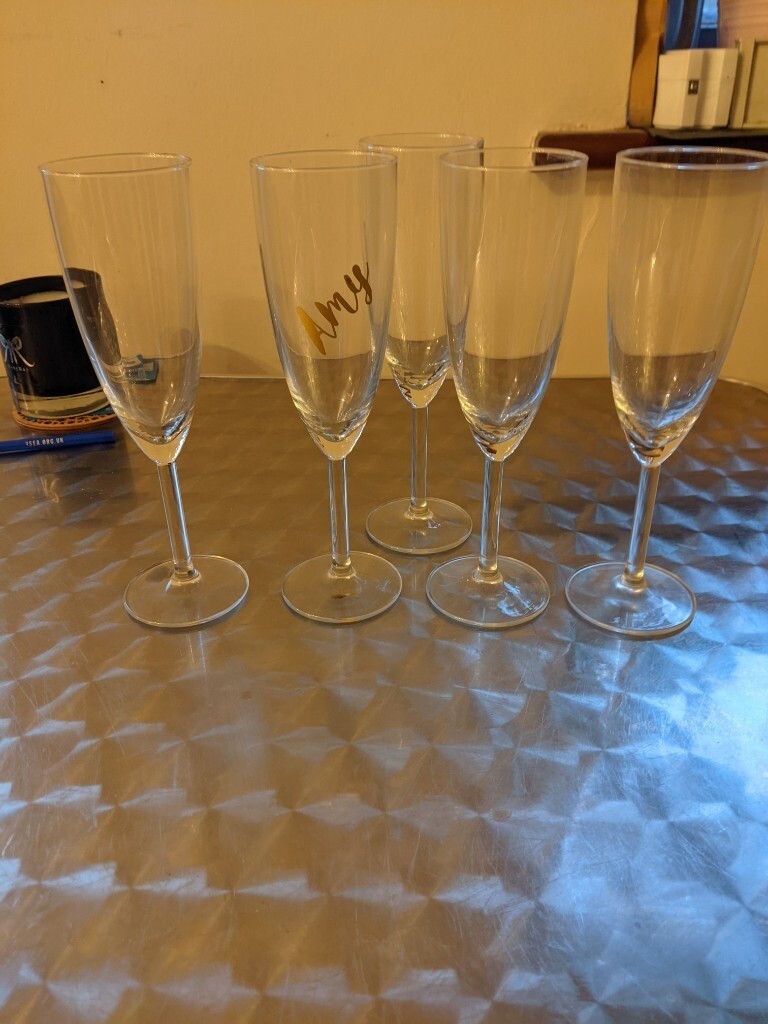 Prosecco champagne glass ikea flutes X 5 with one labelled Amy in