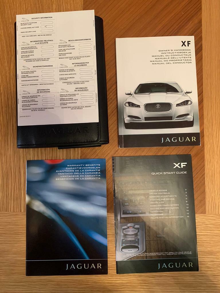 Jaguar XF Owners Handbook, warranty guide, quick start guide, security cards, leather pouch