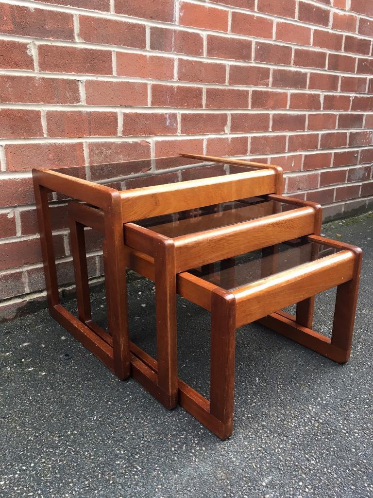Vintage TEAK coffee Tables Nest Of Smoked Glass Retro Mid Century in