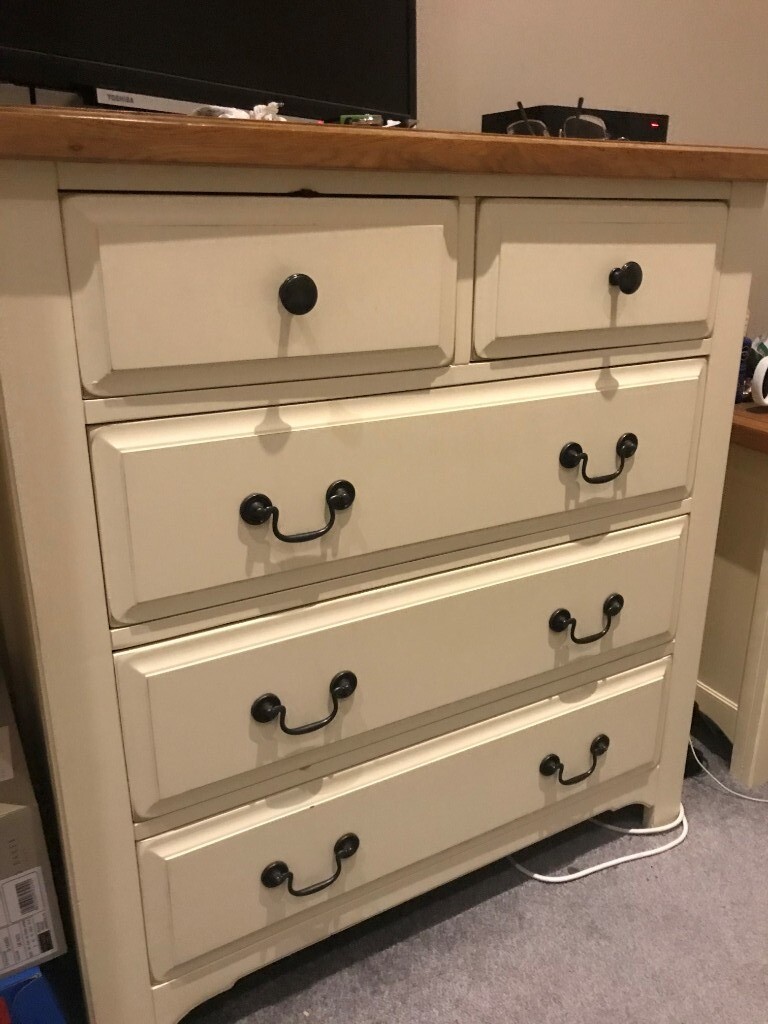 Farmhouse Country Oak Cream Painted 2 Over 3 Chest Of Drawers