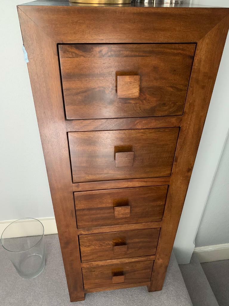 5 Drawer Tall Chest Solid Mango Wood In Dakota Dark Range In