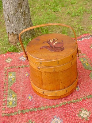 Early 1900s MINI FIRKIN SUGAR BUCKET ~ Carved & Painted Folk Art Squirrel